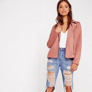 Missguided Faux-suede Moto Biker Jacket Size 6 Dusty Pink